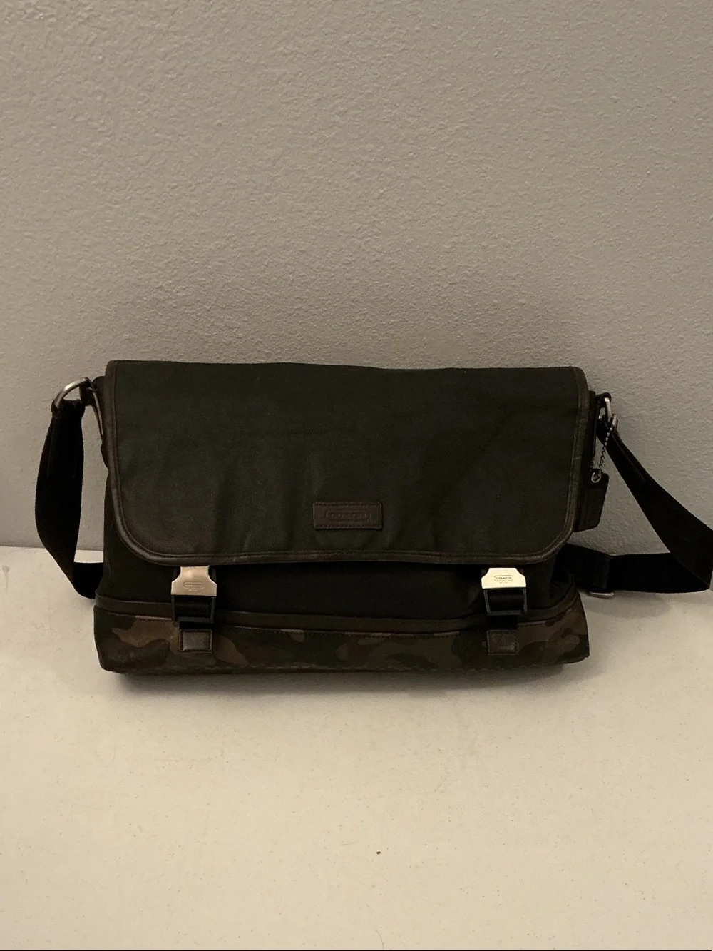 Coach Men's Black Messenger Bag with Camo Trim